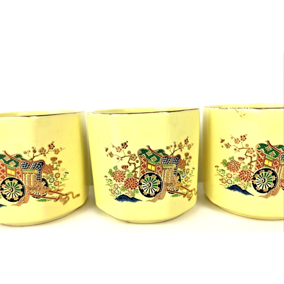 Vintage Japanese‎ Sake Tea Cup 3 Piece Yellow Cart Design Octagon Rim Pin Stripe - Picture 2 of 9